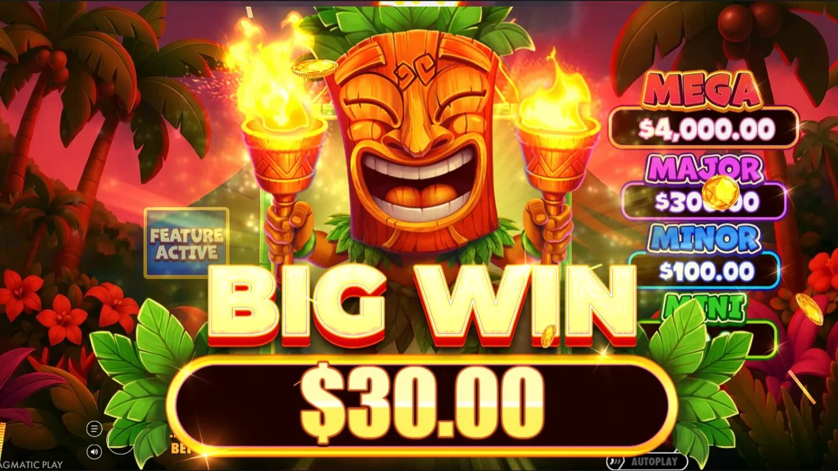 Interface vibrante e tropical do slot Super Tiki Strike com símbolos de máscaras Tiki